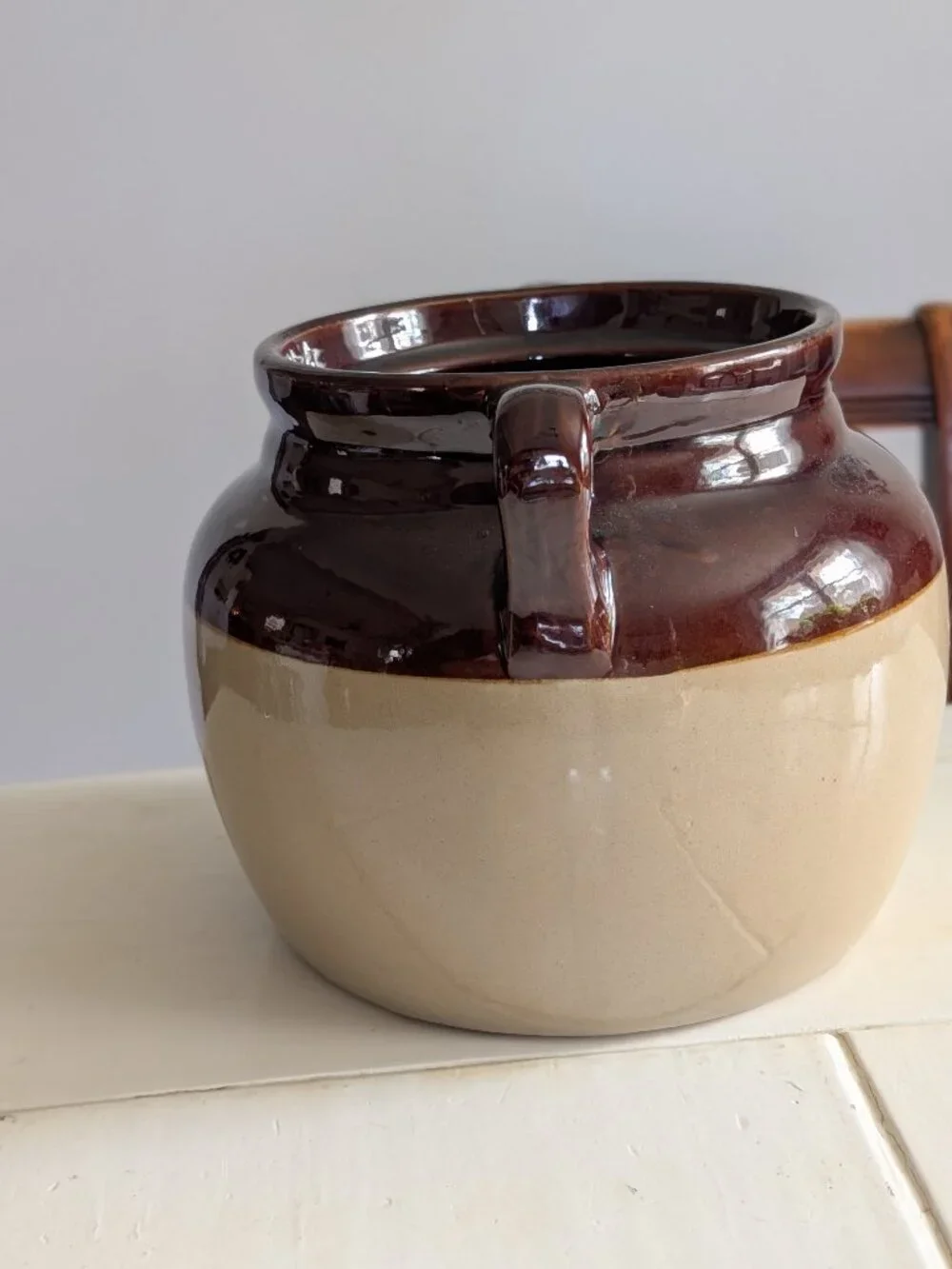 VTG Flour Monmouth USA Stoneware Crock Brown Dipped Bean Pot Jar Maple Leaf